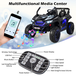 12V 2-seater kids UTV ride-on toy with slow start, music, angled view showcasing fun and safety for young drivers.