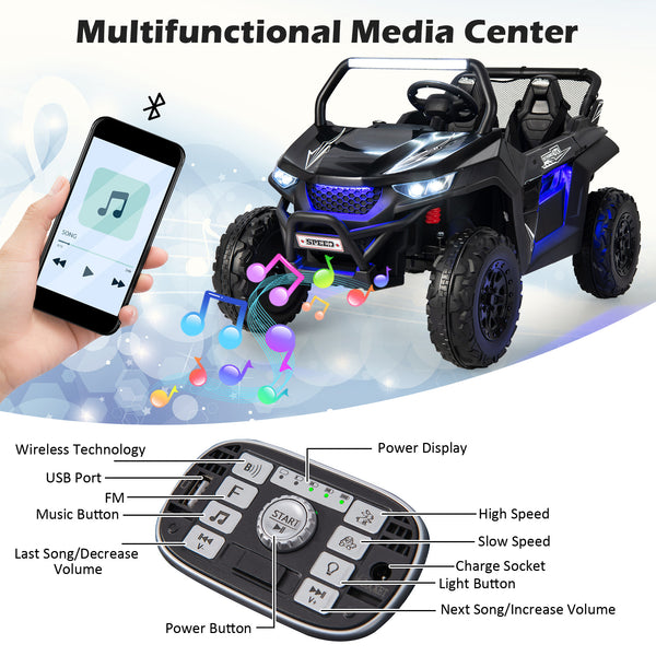 12V 2-seater kids UTV ride-on toy with slow start, music, angled view showcasing fun and safety for young drivers.