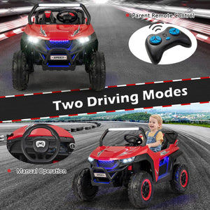 12V 2-seater kids UTV ride-on toy with slow start and music, angled view showcasing vibrant design and features.