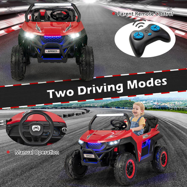 12V 2-seater kids UTV ride-on toy with slow start and music, angled view showcasing vibrant design and features.