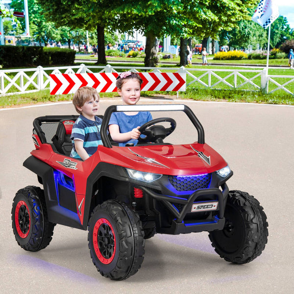 12V 2-seater kids ride-on UTV with slow start function and music, perfect for outdoor fun and adventure.
