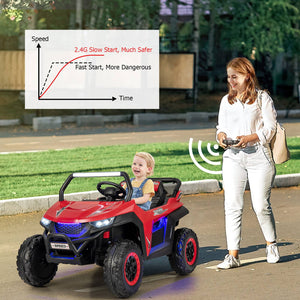 12V 2-seater kids UTV with slow start, music feature, perfect for outdoor fun and adventure.