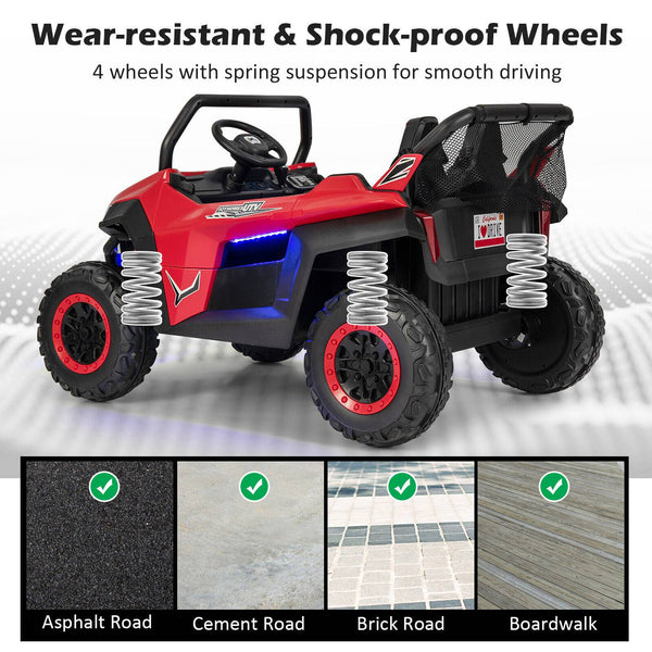 12V 2-seater kids ride-on UTV with slow start function and music, perfect for outdoor fun and adventure.