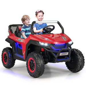 12V 2-seater kids ride-on UTV with slow start function and music, angled view showcasing design and features.