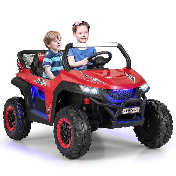 12V 2-seater kids ride-on UTV with slow start function and music, angled view showcasing design and features.