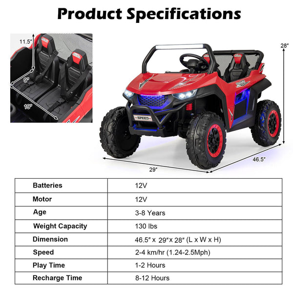 12V 2-seater kids UTV with slow start, music feature, perfect for outdoor fun and adventure.