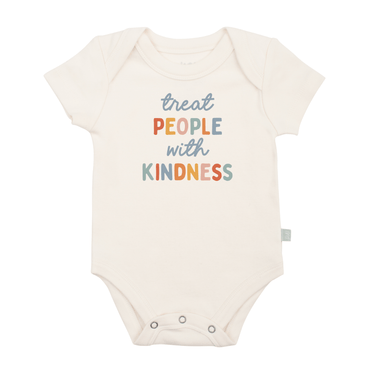 Graphic bodysuit for babies featuring "Treat People with Kindness" design, perfect for stylish and positive little ones.
