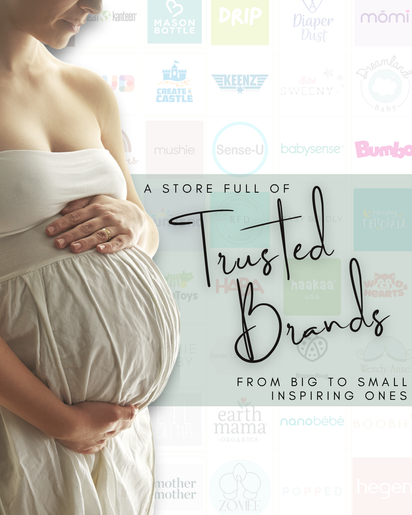 Pregnant woman holding her belly with a background of baby product brand logos and text moogco baby