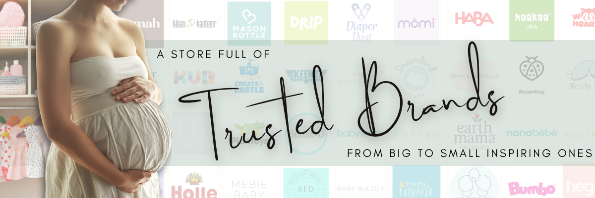 Promotional banner for a mom baby store with a pregnant woman and various brand logos moogco baby