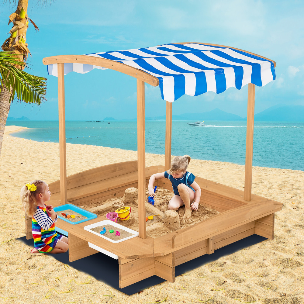Kids Wooden Sandbox with Striped Canopy - UV-Protected Cover