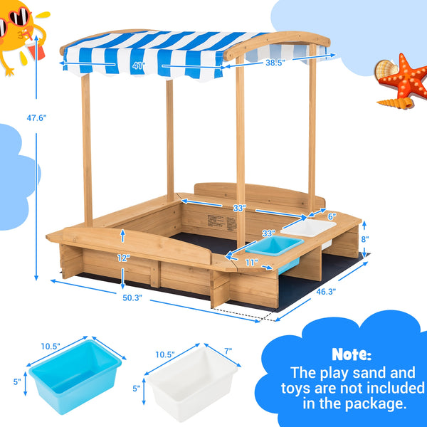 Kids Wooden Sandbox with Striped Canopy - UV-Protected Cover