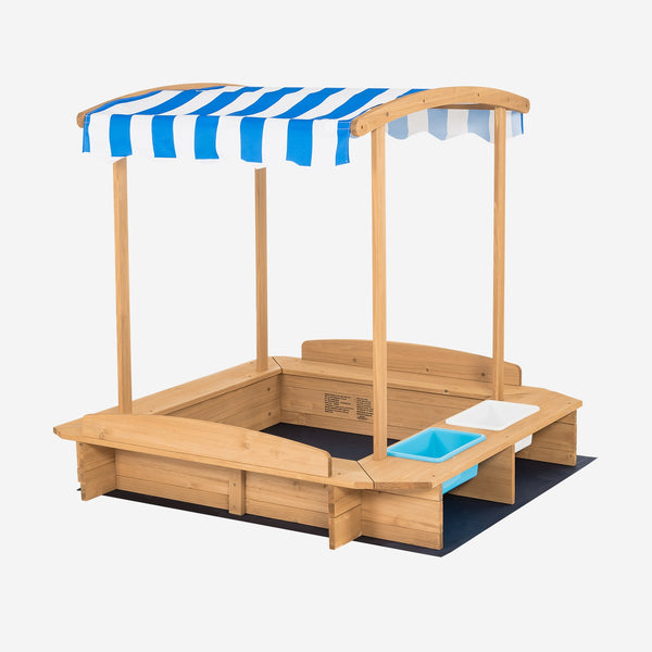 Kids Wooden Sandbox with Striped Canopy - UV-Protected Cover