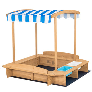 Kids Wooden Sandbox with Striped Canopy - UV-Protected Cover