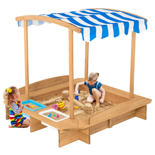 Kids Wooden Sandbox with Striped Canopy - UV-Protected Cover