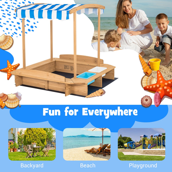 Kids Wooden Sandbox with Striped Canopy - UV-Protected Cover