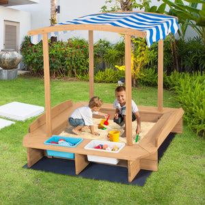 Kids Wooden Sandbox with Striped Canopy - UV-Protected Cover