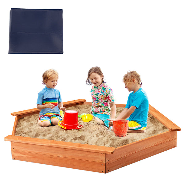 Hexagon Wooden Cedar Sand Box with Seat Boards - UV-Protected Cover
