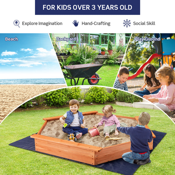 Hexagon Wooden Cedar Sand Box with Seat Boards - UV-Protected Cover