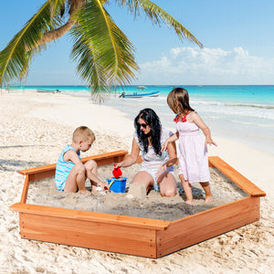 Hexagon Wooden Cedar Sand Box with Seat Boards - UV-Protected Cover