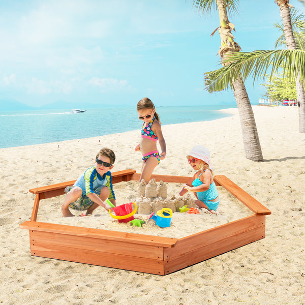Hexagon Wooden Cedar Sand Box with Seat Boards - UV-Protected Cover