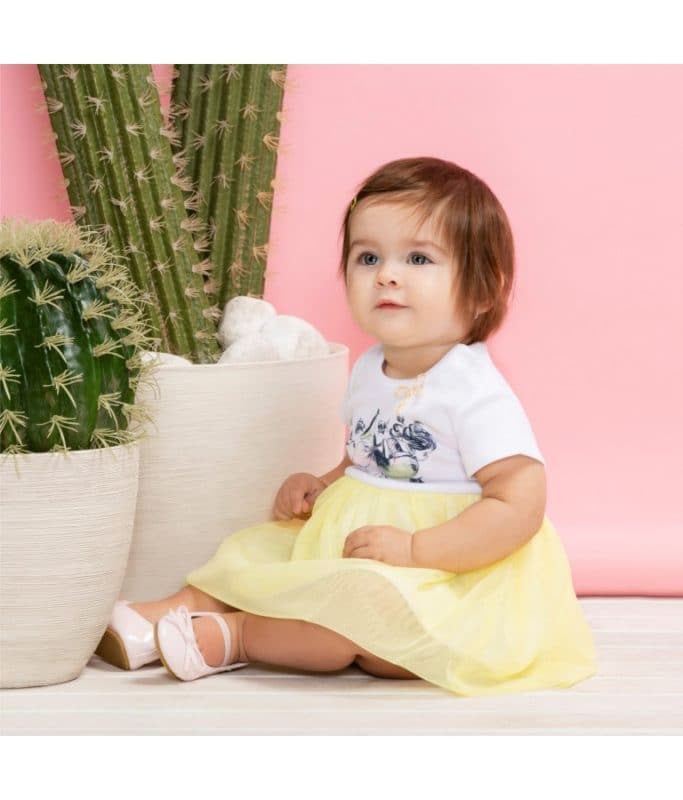 Yellow tulle body dress for babies, perfect for special occasions and everyday wear.