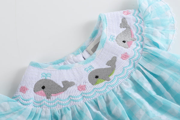 Turquoise Gingham Whale Smocked Flutter Bubble Romper