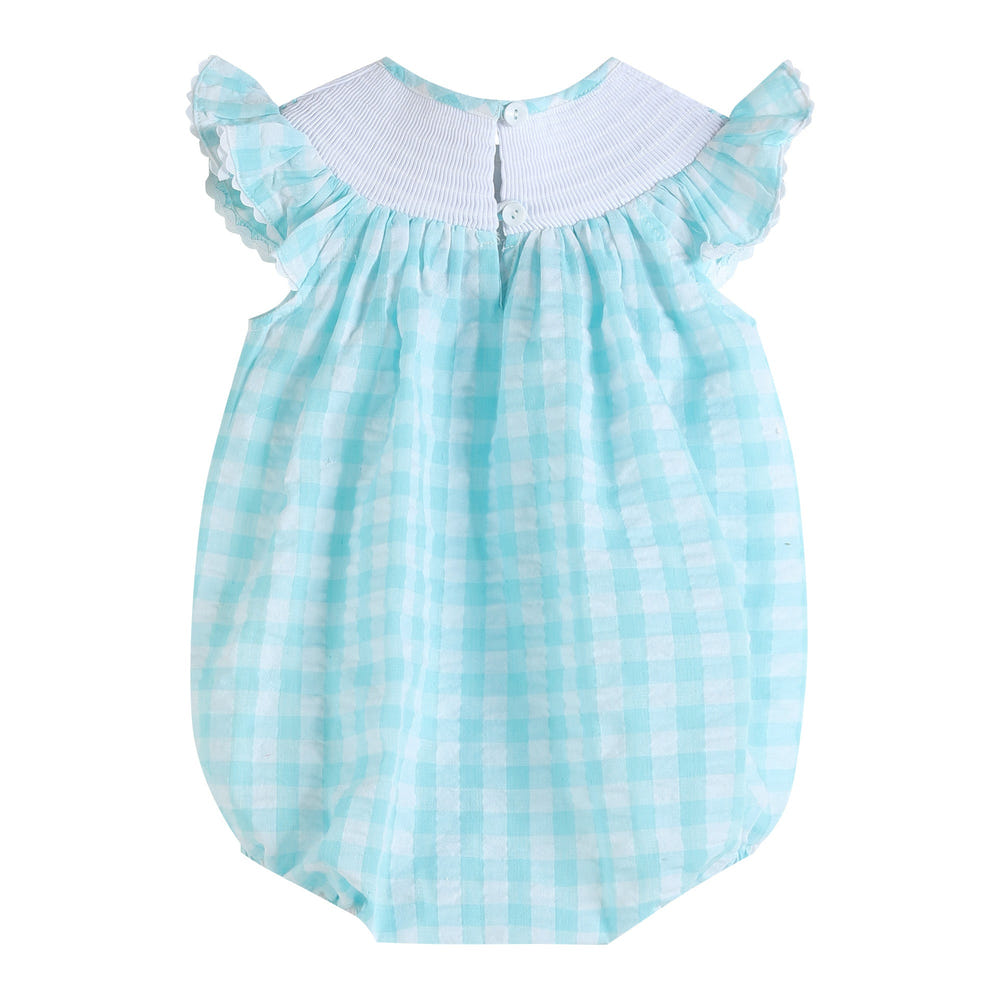 Turquoise gingham whale smocked flutter bubble romper for babies, perfect for summer outings and playtime.