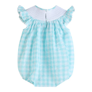 Turquoise Gingham Whale Smocked Flutter Bubble Romper