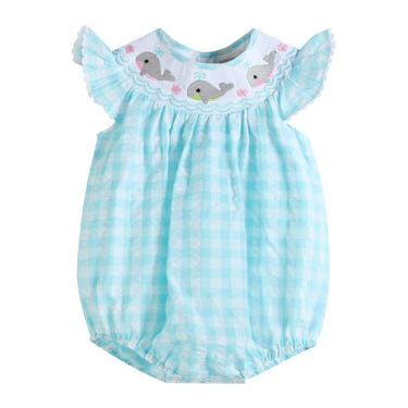 Turquoise gingham whale smocked flutter bubble romper for babies, perfect for summer outings and playtime.