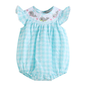 Turquoise Gingham Whale Smocked Flutter Bubble Romper