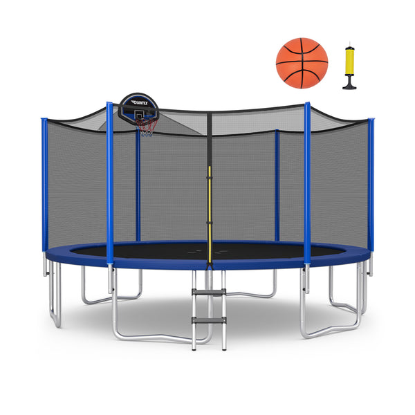 15/16 feet outdoor trampoline with enclosure net, perfect for safe recreational fun for kids. Angle view.
