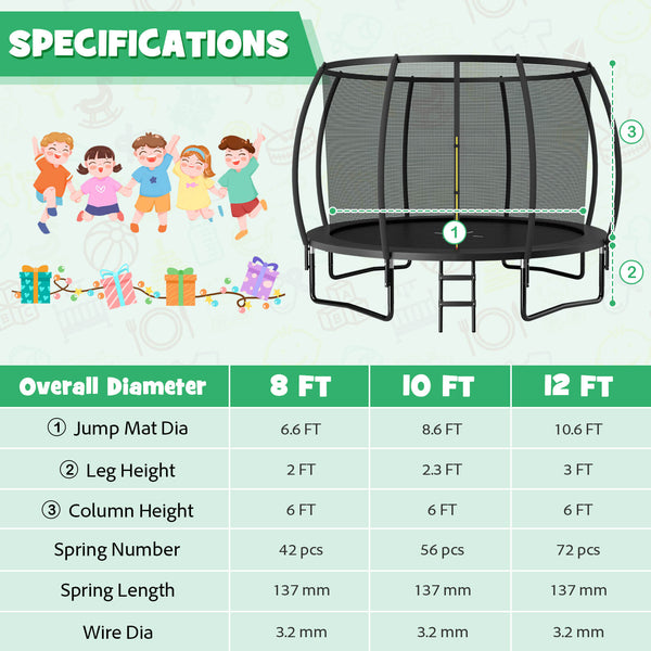 12FT ASTM Approved trampoline with ladder, perfect for safe outdoor fun for kids. Angle 3 view.