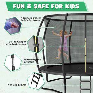 12FT ASTM Approved trampoline with ladder for kids, perfect for outdoor fun and safe playtime.