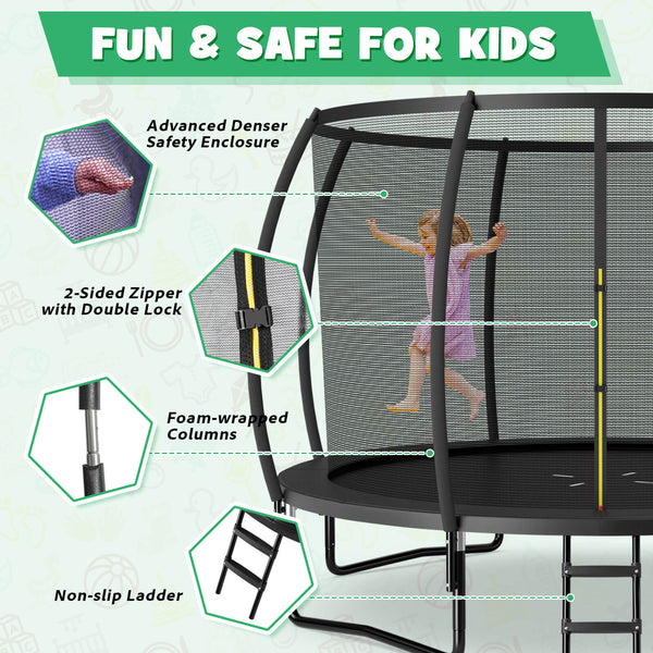 12FT ASTM Approved trampoline with ladder for kids, perfect for outdoor fun and safe playtime.