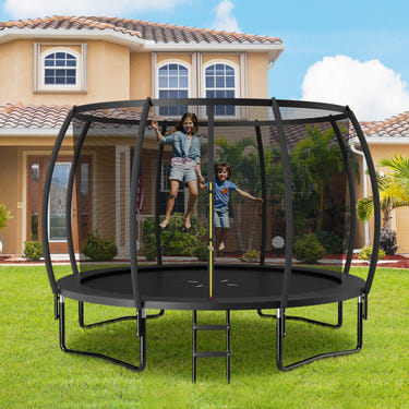 12FT ASTM Approved Recreational Trampoline with Ladder for safe outdoor fun and play for babies and toddlers.