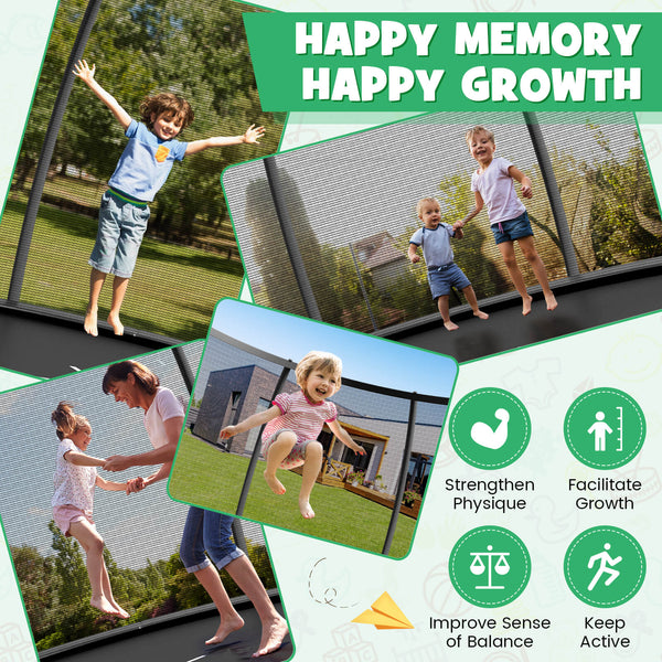 12FT ASTM Approved trampoline with ladder for kids, perfect for outdoor fun and safe playtime activities.