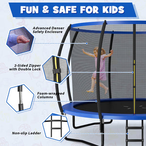 12FT ASTM Approved trampoline with ladder, perfect for outdoor fun and safe play for babies and toddlers.