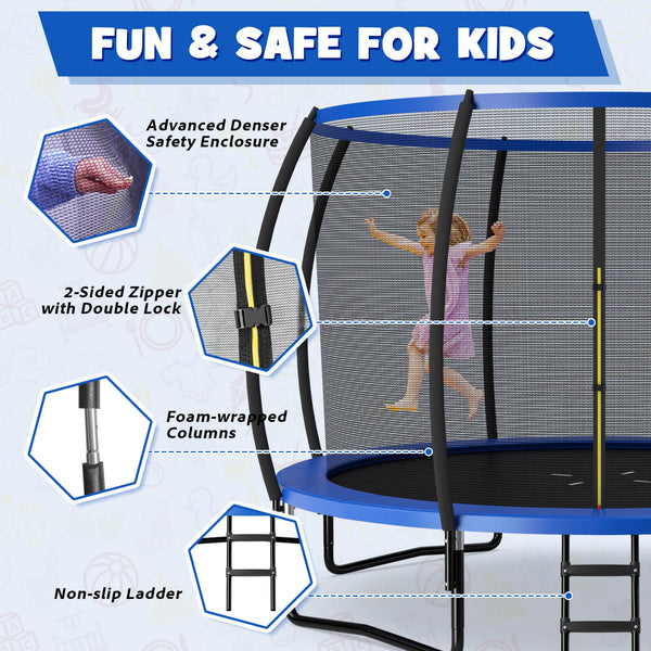 12FT ASTM Approved trampoline with ladder, perfect for outdoor fun and safe play for babies and toddlers.