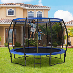 12FT ASTM Approved trampoline with ladder for kids, perfect for outdoor fun and safe playtime.