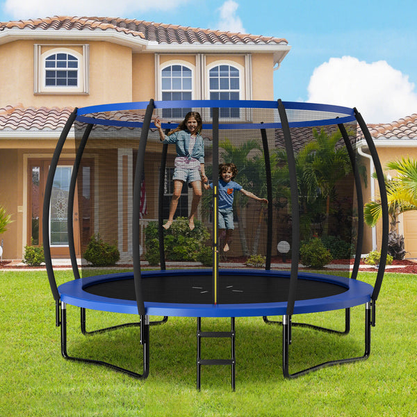 12FT ASTM Approved trampoline with ladder for kids, perfect for outdoor fun and safe playtime.