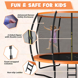 12FT ASTM Approved trampoline with ladder, perfect for safe outdoor fun for kids. Angle view showcasing design and safety features.