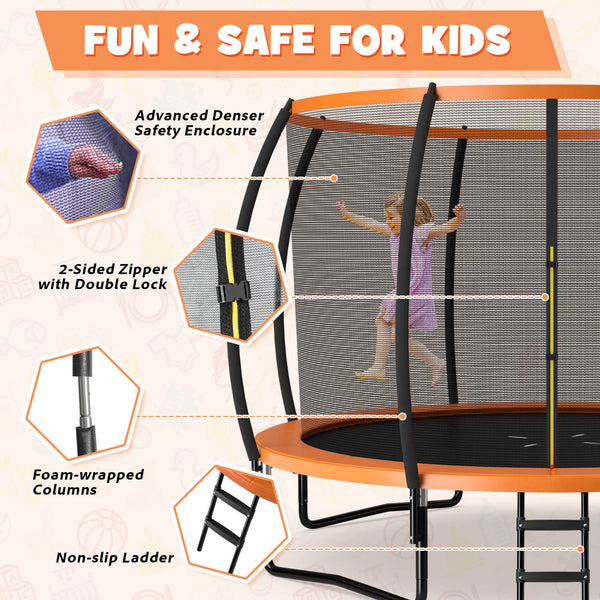 12FT ASTM Approved trampoline with ladder, perfect for safe outdoor fun for kids. Angle view showcasing design and safety features.
