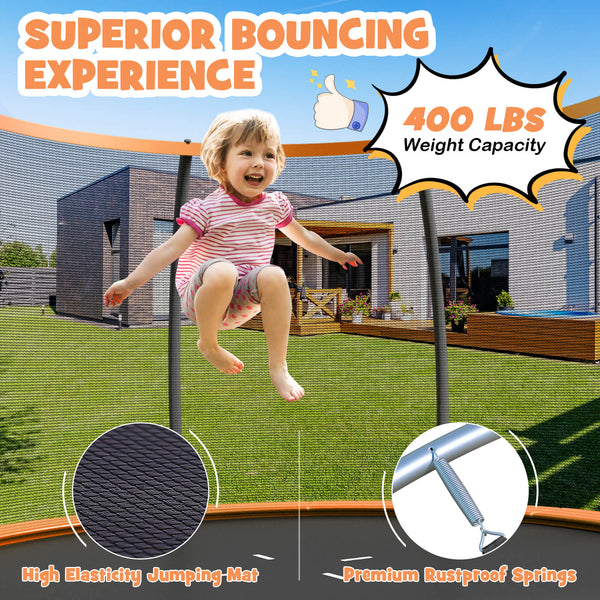 12FT ASTM Approved trampoline with ladder for kids, perfect for outdoor fun and safe playtime activities.