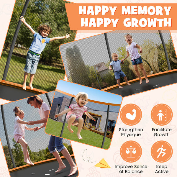12FT ASTM Approved trampoline with ladder for kids, perfect for outdoor fun and safe playtime. Angle view.