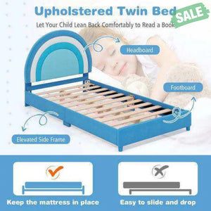 Twin Bed Frame with Height-Adjustable Headboard and Sturdy Wooden Slats-Gradient Pink Blue Toddler Beds