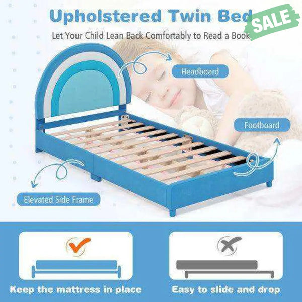 Twin Bed Frame with Height-Adjustable Headboard and Sturdy Wooden Slats-Gradient Pink Blue Toddler Beds