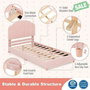 Twin Bed Frame with Height-Adjustable Headboard and Sturdy Wooden Slats-Gradient Pink Pink Toddler Beds