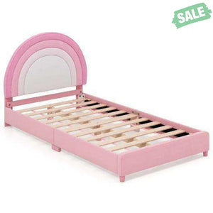 Twin Bed Frame with Height-Adjustable Headboard and Sturdy Wooden Slats-Gradient Pink Toddler Beds