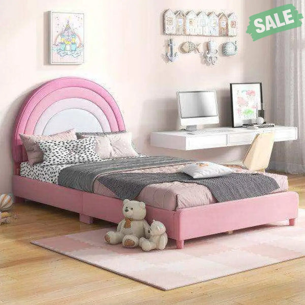 Twin Bed Frame with Height-Adjustable Headboard and Sturdy Wooden Slats-Gradient Pink Toddler Beds