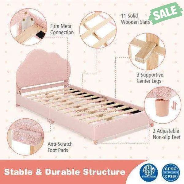 Twin Bed Frame with Height-Adjustable Headboard and Sturdy Wooden Slats-Gradient Pink Gradient Pink Toddler Beds